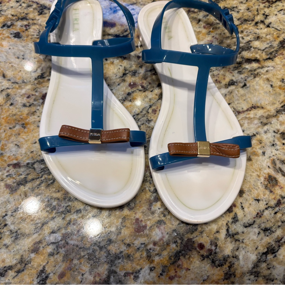 Furla Teal Blue and Brown Bow T-Strap Sandals size 35